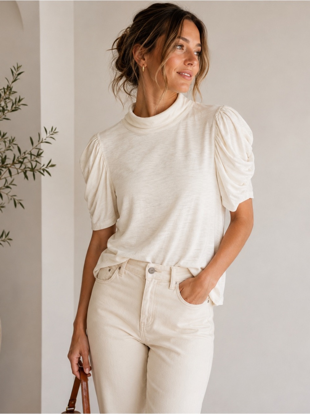 Nation LTD Ivory Pima Cotton Puff Sleeve Mock Neck Top Large Quiet Luxury